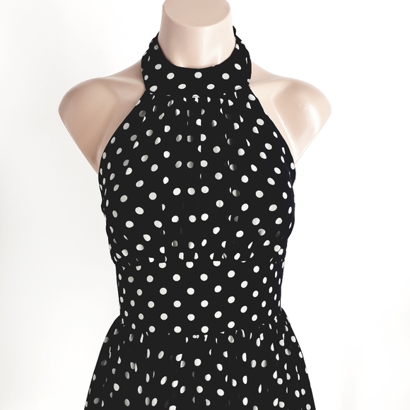 Y2K Black and White Polka Dot Gorgette Halter Dress - Picture 5 of 7